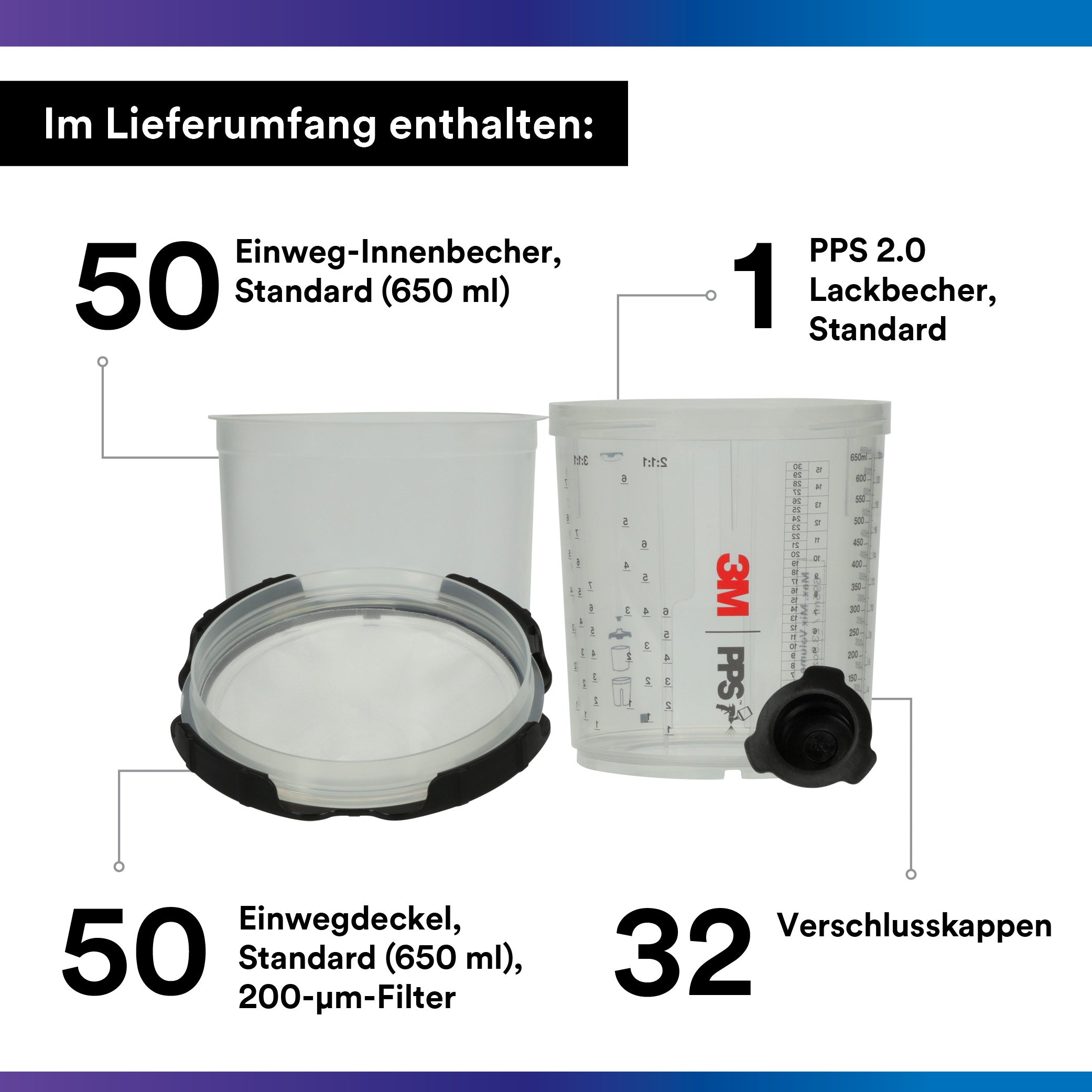 3M PPS Series 2.0 Spray Cup System Kit, Standard (22 fl oz, 650 mL), 200 Micron Filter, 1 kit per case - 26000